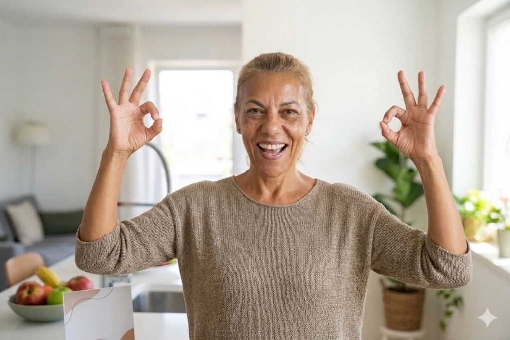 femme bien etre grace a son alimentation souriante et qui dit que tout est ok